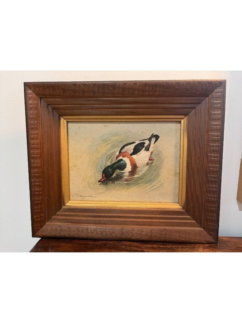 VTG Framed Duck Print By Basil Ede 12" x 10" Waterfowl Rustic Wooden Frame READ!